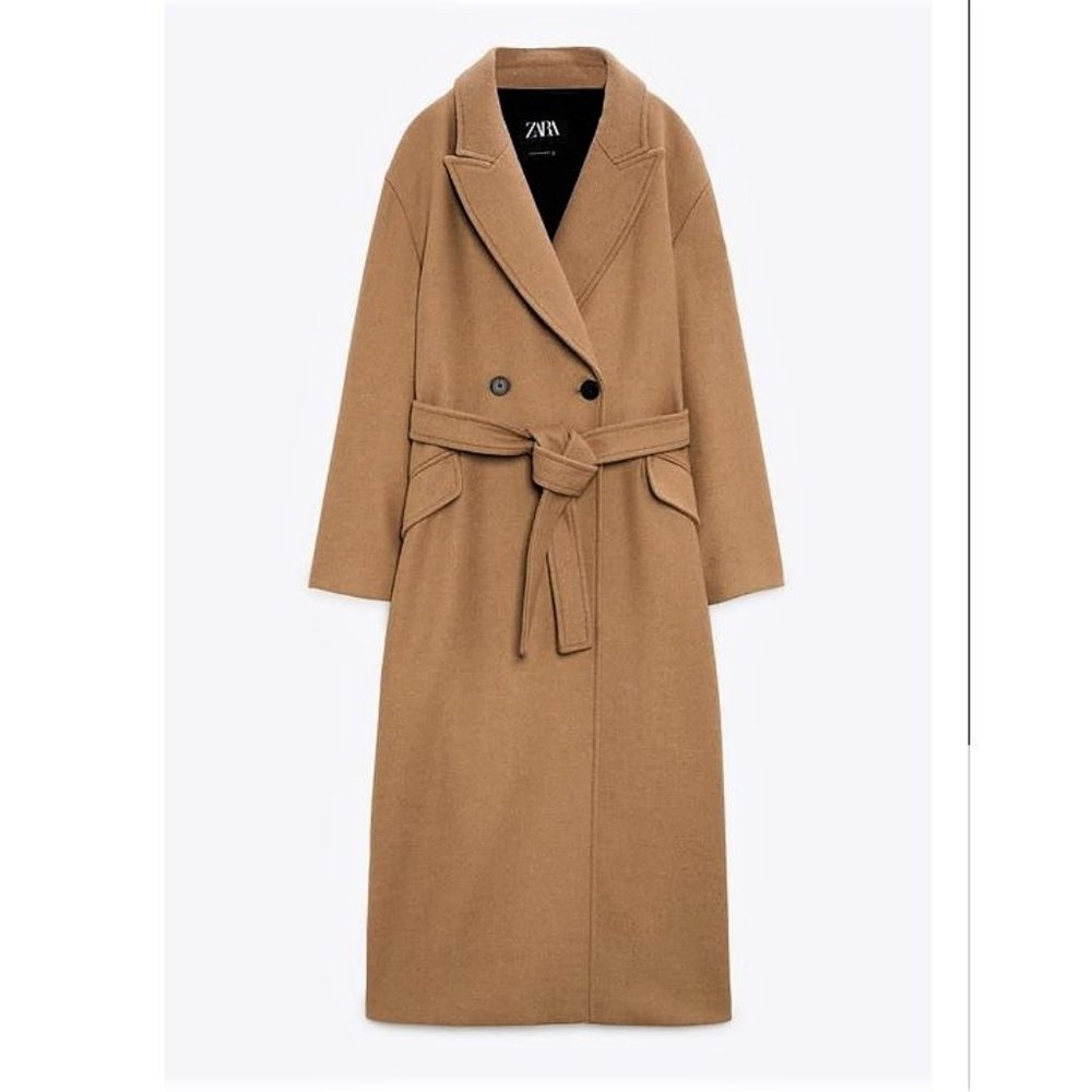 NWT ZARA Belted Double Breasted Wool Blend Coat, Taupe Brown, Sz XL